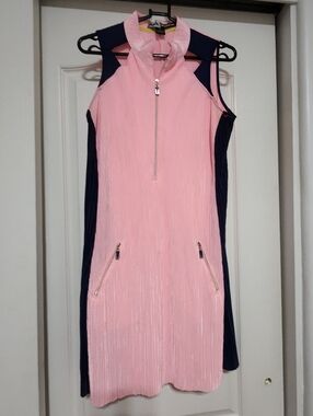 Jamie Sadock Golf Dress Pink and Navy Sleeveless Zip-Front Dress